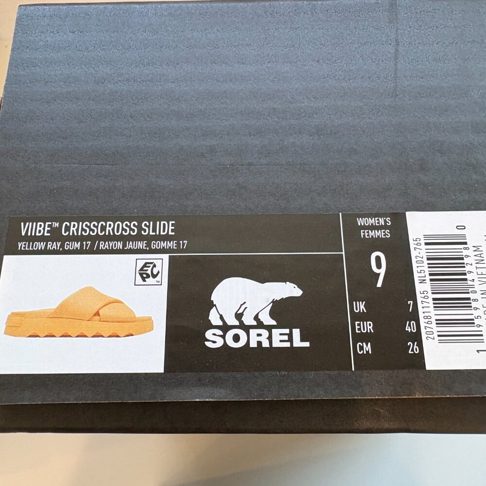 Sorel Viibe Crisscross Slide Sandals Leather Slip On Yellow Ray Sizes 9 NEW - Picture 7 of 7